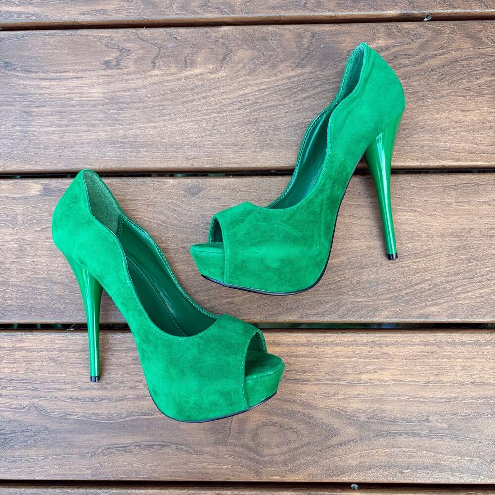 New Y2K Qupid Peep Toe Platform Stiletto Faux Suede Pumps Green Size 8.5 - Picture 3 of 13